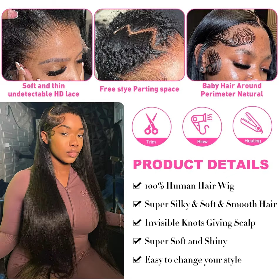 30 36 Inch Straight 13X4 Lace Front Human Hair 250% Glueless 5X5 Closure Wigs Brazilian Bone Straight 13X6 HD Lace Frontal Wig